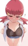  1girl blush breasts brown_shirt cleavage closed_mouth collarbone commentary_request covered_nipples eyelashes hair_ornament hairclip highres jacket leaning_forward long_hair open_clothes open_jacket opened_by_self pink_hair pokemon pokemon_(game) pokemon_hgss red_eyes shirt short_shorts shorts sleeveless sleeveless_shirt solo steaming_body sweat temari_rin twintails white_background whitney_(pokemon) 