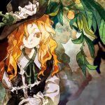  1girl 1other black_jacket black_vest blonde_hair cross dolls_in_pseudo_paradise expressionless frilled_hat frills green_ribbon hair_over_one_eye hat hat_feather holding holding_cross jacket jacket_girl_(dipp) kaigen_1025 long_hair neck_ribbon peach_tree ribbon solo touhou vest wavy_hair 