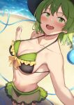  1girl :d absurdres adapted_costume beach bikini black_bikini blush breasts cleavage commentary_request frilled_bikini frilled_skirt frills from_above from_side front-tie_bikini_top front-tie_top green_eyes green_skirt grey_hair hair_between_eyes hands_up happy heart heart_of_string highres komeiji_koishi looking_at_viewer looking_up medium_breasts medium_hair nagomian navel ocean one_eye_closed outdoors outstretched_arm see-through see-through_skirt skirt smile solo swimsuit teeth third_eye touhou upper_teeth_only 