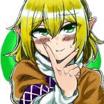  1girl :t arm_warmers blonde_hair blush braid brown_shirt cheek_squash closed_mouth commentary_request ear_blush fingernails french_braid green_background green_eyes hair_between_eyes looking_at_viewer medium_bangs mizuhashi_parsee pointy_ears rize_muri scarf shirt short_hair short_sleeves smile solo touhou two-tone_background upper_body v_over_mouth white_background white_scarf 