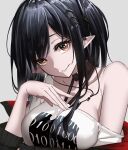  1girl arknights bare_shoulders black_coat black_collar black_hair breasts closure_(arknights) clothes_pull coat collar commentary_request hair_ornament hair_over_one_eye hairpin hand_on_own_chest hand_up head_tilt highres jacket_pull kureneko large_breasts long_hair looking_at_viewer off_shoulder open_clothes open_coat pale_skin print_shirt red_eyes shirt shirt_pull side_ponytail smile solo white_shirt 