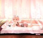  1girl absurdres barefoot cellphone feet hair_ribbon highres kaname_madoka kururu-madoka legs looking_at_viewer lying mahou_shoujo_madoka_magica nightgown open_mouth phone pillow pink_hair pink_nightgown pink_pillow ribbon solo twintails 