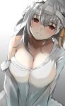  1girl absurdres blush breasts cleavage collarbone collared_shirt goddess_of_victory:_nikke grey_hair grin hair_between_eyes hairband highres large_breasts leaning_to_the_side long_hair long_sleeves looking_at_viewer modernia_(nikke) oversized_clothes red_eyes shirt simple_background single_bare_shoulder smile solo ssa_(kiseion) upper_body v_arms white_shirt 