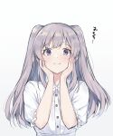  1girl :i bandaid bandaid_on_face blush cheek_squash eyelashes frilled_sleeves frills grey_hair hands_on_own_cheeks hands_on_own_face hanetsuka idolmaster idolmaster_shiny_colors long_hair looking_at_viewer purple_eyes ribbon shirt solo twintails upper_body white_background white_ribbon white_shirt yukoku_kiriko 