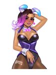  1girl animal_ears asymmetrical_hair bare_shoulders blush blushyspicy bow bowtie breasts cleavage dark-skinned_female dark_skin detached_collar fake_animal_ears leotard long_hair looking_at_viewer makeup mole mole_under_eye multicolored_hair outline overwatch overwatch_1 pantyhose pink_bow pink_bowtie playboy_bunny purple_eyes purple_hair rabbit_ears smile solo sombra_(overwatch) strapless strapless_leotard transparent_background two-tone_hair undercut white_outline wrist_cuffs 