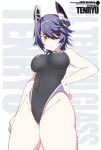  1girl bare_arms bare_legs bare_shoulders black_one-piece_swimsuit breasts cowboy_shot eyepatch headgear kantai_collection medium_breasts one-piece_swimsuit parted_lips purple_hair shigino_sohuzi solo swimsuit tenryuu_(kancolle) yellow_eyes 