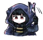  1girl :| arm_up axe black_coat black_gloves black_hair black_shirt blunt_bangs chibi closed_mouth coat cropped_torso d_(nikke) expressionless gloves goddess_of_victory:_nikke hatchet_(axe) holding holding_weapon hood hood_up hooded_coat medium_hair red_eyes sakeno_rarukan shirt simple_background solo tactical_clothes weapon white_background 