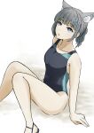  1girl absurdres animal_ear_fluff animal_ears black_one-piece_swimsuit blue_archive blue_eyes breasts competition_swimsuit covered_navel cross_hair_ornament extra_ears feet_out_of_frame gaa grey_hair hair_ornament halo highres looking_up low_ponytail medium_breasts medium_hair mismatched_pupils multicolored_clothes multicolored_swimsuit official_alternate_costume one-piece_swimsuit shiroko_(blue_archive) shiroko_(swimsuit)_(blue_archive) simple_background sitting solo swimsuit white_background wolf_ears 