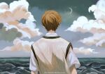  1boy blue_sky brown_hair cloud cognacbear crescent_moon facing_back highres looking_back male_focus moon ocean original outdoors shirt short_hair short_sleeves sky solo sweater_vest white_shirt white_sweater_vest 