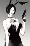  1boy 1girl aaamber_22 absurdres ada_wong animal_ears bare_shoulders black_choker black_hair black_leotard black_nails breasts choker cleavage collarbone commentary fake_animal_ears fake_tail greyscale gun hair_behind_ear hand_up highres holding holding_gun holding_weapon large_breasts leon_s._kennedy leotard lying mini_person miniboy monochrome on_person on_stomach pantyhose parted_lips playboy_bunny rabbit_ears rabbit_tail resident_evil resident_evil_2 resident_evil_2_(remake) short_hair strapless strapless_leotard symbol-only_commentary tail weapon 