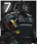  2023 armor beard canid canine canis clothed clothing digital_drawing_(artwork) digital_media_(artwork) facial_hair hair headgear helmet hi_res male mammal mercedes-benz phinnherz puma_(company) purple_eyes racing_suit simple_background solo standing tail wolf 