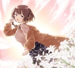  1girl absurdres anya_melfissa braid brown_coat brown_hair coat earrings flower from_side glasses highres hololive hololive_indonesia jewelry lily_(flower) mee_don pantyhose petals purple_eyes short_hair side_braid skirt twilight virtual_youtuber 