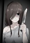  1girl black_eyes blood blood_on_clothes blood_on_face blood_on_weapon breasts brown_hair closed_mouth collarbone commentary crazy_eyes crazy_smile darkness eyebrows_hidden_by_hair go-toubun_no_hanayome hair_over_one_eye hand_up highres holding holding_knife knife large_breasts long_hair looking_at_viewer mame1645 nakano_miku off_shoulder shaded_face shirt short_sleeves sidelocks smile solo straight-on upper_body weapon white_shirt 