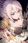  1girl armor black_background blue_eyes braid breasts cleavage closed_mouth dress from_above hair_ornament haoni highres holding large_breasts long_hair ponytail shionne_(tales) shoulder_armor simple_background solo tales_of_(series) tales_of_arise white_dress white_hair 