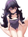  1boy 1girl @_@ ahoge black_choker black_hair blush breasts censored choker closed_mouth collarbone commentary_request curly_hair gazing_eye grey_eyes hair_between_eyes hairband hetero hex_maniac_(pokemon) highres long_hair looking_down medium_breasts mosaic_censoring nail_polish one-piece_swimsuit penis pokemon pokemon_(game) pokemon_xy purple_hairband purple_nails purple_one-piece_swimsuit raised_eyebrows simple_background smile swimsuit thigh_sex white_background 