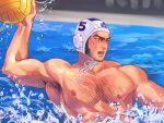  1boy alternate_costume arm_up armpit_hair armpits ball bara beard black_hair buzz_cut chest_hair facial_hair goatee_stubble golden_kamuy large_pectorals long_sideburns looking_ahead male_focus mature_male muscular muscular_male nopinzo nude pectorals pool short_hair sideburns solo swimming tanigaki_genjirou thick_eyebrows upper_body very_short_hair volleyball volleyball_(object) water water_volleyball 