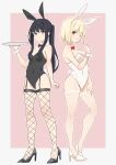  2girls absurdres animal_ears anime_oekaki13 bare_shoulders black_bow black_bowtie black_footwear black_hair black_leotard blonde_hair blush bob_cut border bow bowtie breasts closed_mouth commentary_request detached_collar fake_animal_ears fake_tail fishnet_thighhighs fishnets full_body high_heels highres inoue_takina large_breasts leotard long_hair looking_at_viewer lycoris_recoil medium_breasts multiple_girls nishikigi_chisato pink_background playboy_bunny ponytail purple_eyes rabbit_ears rabbit_tail red_bow red_bowtie red_eyes short_hair sidelocks simple_background smile strapless strapless_leotard tail thighhighs white_border white_footwear white_leotard white_wrist_cuffs 