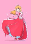  1girl adapted_costume alternate_color blonde_hair brooch crown dress earrings full_body high_heels highres jewelry long_hair looking_at_viewer mario_(series) pink_background pink_dress princess_peach red_dress red_footwear saiwo_(saiwoproject) simple_background solo two-tone_dress 