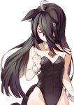  1girl ahoge alternate_costume anger_vein angry bare_shoulders black_hair black_leotard breasts clenched_hand closed_eyes covered_navel detached_collar ear_down frown groin hair_over_one_eye hand_up highres leotard long_hair manhattan_cafe_(umamusume) necktie shiro3necro short_necktie simple_background small_breasts solo umamusume upper_body v-shaped_eyebrows white_background wrist_cuffs yellow_necktie 