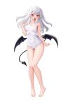  1girl absurdres allenes bare_arms bare_legs bare_shoulders barefoot blunt_bangs blush breasts closed_mouth collarbone competition_school_swimsuit condom condom_wrapper covered_navel demon_girl demon_tail demon_wings full_body grey_hair hand_up highres long_hair looking_at_viewer medium_breasts mouth_hold one-piece_swimsuit original pointy_ears red_eyes school_swimsuit smile solo standing swimsuit tail transparent_background two_side_up white_one-piece_swimsuit wings 