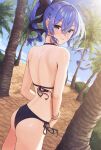  absurdres ass back bikini black_bikini black_bow blue_eyes blue_hair blue_sky bow commentary_request drop_earrings earrings from_behind hair_between_eyes hair_bow highres hololive hoshimachi_suisei jewelry looking_at_viewer looking_back outdoors palm_tree parted_lips ponytail side-tie_bikini_bottom sky smile star_(symbol) star_earrings star_in_eye string_bikini swimsuit symbol_in_eye tree virtual_youtuber yozora_(1wkdgusdn) 