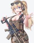 1girl armpit_peek assault_rifle blonde_hair blue_eyes breasts camouflage chest_rig crop_top desert_camouflage eyewear_on_head glasses green_pants green_tank_top gun headset highres kzm_(sub-moa_works) mk_12_spr optical_sight original pants rifle solo tank_top walkie-talkie weapon white_background 