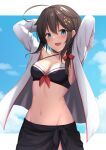  1girl ahoge akahi242 bikini black_bikini black_sarong blue_eyes blush braid breasts brown_hair collarbone hair_between_eyes highres jacket kantai_collection long_hair medium_breasts navel open_clothes open_jacket open_mouth sarong shigure_(kancolle) shigure_kai_ni_(kancolle) single_braid smile solo swimsuit white_jacket 