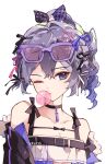  1girl alternate_costume bare_shoulders black_choker black_jacket bubble_blowing choker commentary_request eyewear_on_head grey_eyes hair_ribbon highres honkai:_star_rail honkai_(series) jacket looking_at_viewer off_shoulder one_eye_closed purple_hair ribbon short_hair silver_wolf_(honkai:_star_rail) simple_background solo sunglasses upper_body white_background yeurei 