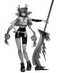  1girl asymmetrical_clothes bandaged_arm bandages blunt_ends bodysuit bodysuit_under_clothes breasts clothes_writing commentary cropped_shirt double_bun english_commentary full_body greyscale hair_bun hair_ornament hair_ribbon hair_scrunchie hand_on_own_hip highres holding holding_polearm holding_weapon long_hair looking_at_viewer making-of_available midriff_sarashi monochrome original outstretched_arm pinky_out polearm ribbon sarashi scrunchie shiny_clothes shirt_overhang shoes short_shorts shorts simple_background smile sneakers solo standing thigh_shorts two_side_up very_long_hair weapon weapon_request zero808w 