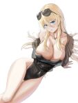  1girl azur_lane bare_shoulders bismarck_(azur_lane) bismarck_zwei_(azur_lane) bismarck_zwei_(crystal-clear_holiday)_(azur_lane) black_leotard blonde_hair blue_eyes breasts commentary_request eyewear_on_head groin highres large_breasts leotard lom_(lom_lom_8) long_hair looking_at_viewer parted_lips simple_background solo strapless strapless_leotard sunglasses thighs very_long_hair white_background 