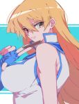  1girl blonde_hair blue_gloves breasts brown_eyes card duel_academy_uniform_(yu-gi-oh!_gx) fingerless_gloves from_side gloves hair_between_eyes highres holding holding_card large_breasts long_hair looking_at_viewer single_bare_shoulder solo sunanogimo tenjouin_asuka upper_body yu-gi-oh! yu-gi-oh!_gx 