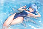  1girl armpits bare_arms bare_legs bare_shoulders blue_bow blue_eyes blue_hair blue_nails blue_one-piece_swimsuit bow cirno collarbone fairy fingernails food groin hair_bow highleg highleg_swimsuit highres holding holding_food ice ice_wings md5_mismatch nail_polish nironiro one-piece_swimsuit one_eye_closed open_mouth popsicle resolution_mismatch short_hair solo source_smaller swimsuit touhou water wings 
