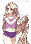  1girl 2022 absurdres alternate_costume apoloniodraws artist_name blonde_hair blush camisole collar contemporary dolphin_shorts english_commentary green_eyes head_tilt highres holding holding_hair long_hair looking_at_viewer midriff navel purple_camisole purple_shorts rapunzel_(disney) shorts smile solo tangled very_long_hair 