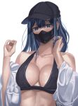  1girl absurdres bare_shoulders baseball_cap bikini black_bikini black_headwear blue_archive blue_eyes blue_hair breasts cleavage commentary hat highres large_breasts long_hair long_sleeves looking_at_viewer lula_(888lula) mask mouth_mask off_shoulder saori_(blue_archive) simple_background solo stomach swimsuit upper_body white_background 