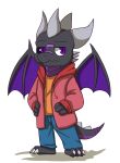  absurd_res anthro black_sclera blue_bottomwear blue_clothing blue_pants bottomwear chibi clothed clothing dragon full-length_portrait glistening glistening_eyes grey_body grey_horn hi_res horn jacket kuttoyaki looking_at_viewer male membrane_(anatomy) membranous_wings mouth_closed orange_clothing orange_topwear pants portrait pupils purple_body purple_eyes purple_scales purple_wings red_clothing red_jacket red_topwear scales scalie simple_background slit_pupils solo standing topwear white_background wings 