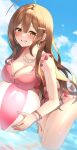  1girl absurdres ahoge ball beachball blush breasts brown_hair camellia_90 casual_one-piece_swimsuit cleavage floral_print flower flower_necklace grin highres holding holding_ball holding_beachball huge_ahoge idolmaster idolmaster_shiny_colors kuwayama_chiyuki large_breasts looking_at_viewer one-piece_swimsuit outdoors pink_one-piece_swimsuit smile solo swimsuit wading 