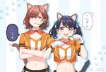  2girls animal_ears animal_hands bangs black_hair blue_ribbon brown_hair commentary_request crossed_arms fake_animal_ears fangs fukumaru_koito gloves hair_ribbon headset highres higuchi_madoka idolmaster idolmaster_shiny_colors looking_at_viewer midriff mole mole_under_eye multiple_girls navel paw_gloves paw_pose purple_eyes ribbon short_hair short_sleeves skin_fangs soramame_tomu sweatdrop swept_bangs tail translation_request twintails 