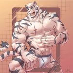  1boy animal_ears arknights artist_request bara briefs bulge facial_hair feet_out_of_frame furry furry_male goatee highres large_pectorals looking_to_the_side male_focus male_underwear mountain_(arknights) muscular muscular_male pectorals scar scar_across_eye short_hair solo thick_eyebrows tiger_boy tiger_ears tiger_stripes underwear wet wet_clothes wet_male_underwear white_fur white_hair 