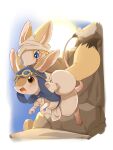  ambiguous_gender anthro blue_eyes blush clothed clothing countershade_face countershading dipped_tail duo eyewear goggles hat headgear headwear hi_res mammal orange_eyes outside pawpads paws riding_on_back rock rodent smile sun ukan_muri 