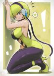  1girl absurdres bare_arms bare_shoulders black_choker black_pantyhose blonde_hair blue_eyes blue_lips blunt_bangs breasts choker cleavage dress elesa_(pokemon) hand_on_wall headphones heart high_heels highres large_breasts pantyhose pokemon pokemon_(game) pokemon_bw short_dress short_hair sleeveless sleeveless_dress solo spoken_heart squatting tony_welt yellow_dress yellow_footwear 