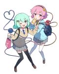  2girls ;d alternate_costume bag black_bow black_hairband black_thighhighs blue_necktie blue_sweater blush bow brown_footwear character_name collared_shirt cup disposable_cup drinking_straw drinking_straw_in_mouth full_body green_eyes green_hair hair_bow hair_ornament hairband heart heart_hair_ornament heart_of_string highres holding holding_bag holding_cup komeiji_koishi komeiji_satori long_sleeves miz_(mizillustration) multiple_girls necktie no_headwear one_eye_closed open_mouth paper_bag pink_eyes pink_hair red_eyes school_uniform shirt shoes short_hair siblings simple_background sisters sleeve_cuffs smile sweater thighhighs third_eye touhou w white_background white_shirt white_thighhighs yellow_bow yellow_necktie yellow_sweater 