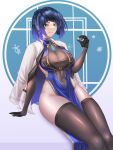  1girl absurdres black_gloves blue_hair breasts china_dress chinese_clothes dice dress elbow_gloves epko genshin_impact gloves green_eyes highres large_breasts navel sitting skin_tight smile solo thick_thighs thighhighs thighs yelan_(genshin_impact) 