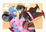  2girls blue_eyes bound_together breasts chromia colored_skin helmet highres humanoid_robot medium_breasts multiple_girls no_humans panties red_panties ripper6857 robot the_transformers_(idw) transformers underwear windblade wings 