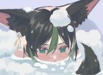  1boy animal_ear_fluff animal_ears aqua_eyes bath bathing black_hair blush bubble_bath commentary_request earrings fox_boy fox_ears fox_tail genshin_impact green_hair hair_between_eyes jewelry kimagudayo leaf_earrings male_focus multicolored_hair partially_submerged short_hair single_earring solo streaked_hair tail tighnari_(genshin_impact) water 