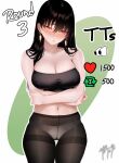  1girl :s absurdres alternate_hairstyle bare_shoulders black_hair black_panties black_pantyhose black_sports_bra blush breasts bulging_eyes cleavage closed_mouth collarbone cowboy_shot crossed_arms crotch_seam earrings eye_pop green_background hair_down highres jewelry large_breasts like_and_retweet long_hair looking_away looking_to_the_side meme navel nose_blush panties panties_under_pantyhose pantyhose red_eyes revision signature skindentation solo sports_bra spy_x_family thigh_gap thighband_pantyhose twitter_strip_game_(meme) two-tone_background underwear white_background yor_briar zasshu 