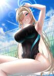  1girl absurdres arm_up armpits asuna_(blue_archive) black_one-piece_swimsuit blonde_hair blue_archive blue_eyes blue_nails blue_sky blurry blurry_background blush breasts cloud competition_swimsuit covered_navel day fence from_below glint goggles goggles_on_head grin hair_over_one_eye halo highleg highleg_swimsuit highres large_breasts long_hair looking_at_viewer nekoya_mitu one-piece_swimsuit pool poolside sitting sky smile solo sunlight swimsuit teeth thighs very_long_hair water wet 