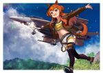  1girl aircraft airplane animal_ears belt black_thighhighs bomber_jacket brown_belt brown_jacket dog_tags ear_bow fighter_jet highres horse_ears horse_girl horse_tail horseshoe jacket jet mayano_top_gun_(umamusume) midriff military military_vehicle mountain navel open_mouth orange_hair outstretched_arms round_teeth running shorts solo tail teeth thighhighs timmyyen two_side_up umamusume upper_teeth_only white_shorts 