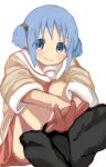  1girl black_socks blue_hair blush crossed_legs cube_hair_ornament feet foot_focus hair_ornament hands_on_feet highres knees_to_chest looking_at_viewer naganohara_mio naganoharamiomio nichijou school_uniform short_twintails smile socks soles solo tareme tokisadame_school_uniform twintails white_background 