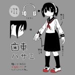  1girl absurdres bandaid bandaid_on_arm black_eyes black_hair black_skirt black_socks blue_sailor_collar collared_shirt empty_eyes explosion_psycho expressionless grey_background haguruma_hasami headphones highres long_sleeves medium_hair neckerchief original pale_skin pleated_skirt red_neckerchief sailor sailor_collar school_uniform serafuku shirt shoes simple_background skirt sleeves_past_wrists socks translation_request twintails uniform white_footwear white_headphones white_shirt 