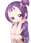  1girl closed_mouth hands_on_own_cheeks hands_on_own_face hands_up highres ojamajo_doremi one_side_up purple_eyes purple_hair purple_shirt segawa_onpu shirt short_hair short_sleeves simple_background sitting smile solo tenshinhannnn white_background 